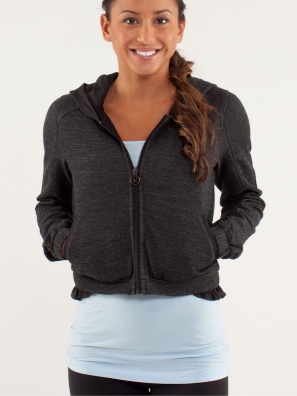 Lululemon Sattva Black grey merino hooded Cropped jacket sweater hi low size 4